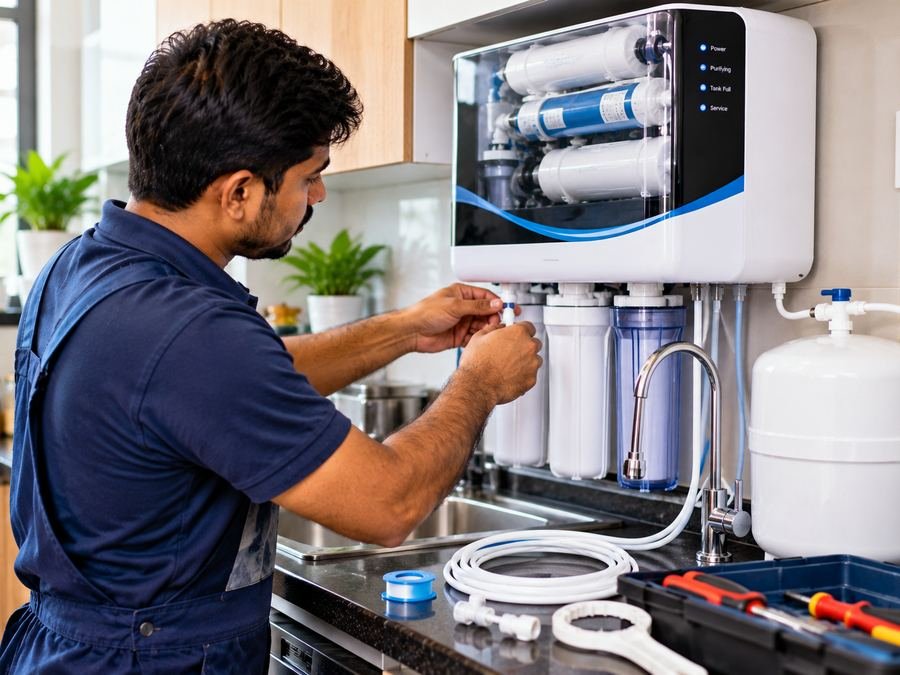New RO installation in Patna – technician connecting purifier pipes and tap